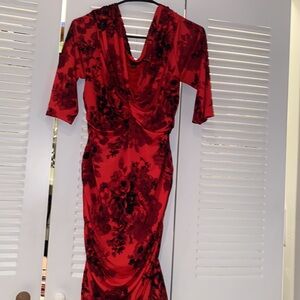 Boston Proper Red & Black Ruched Floral Midi Dress, Size L